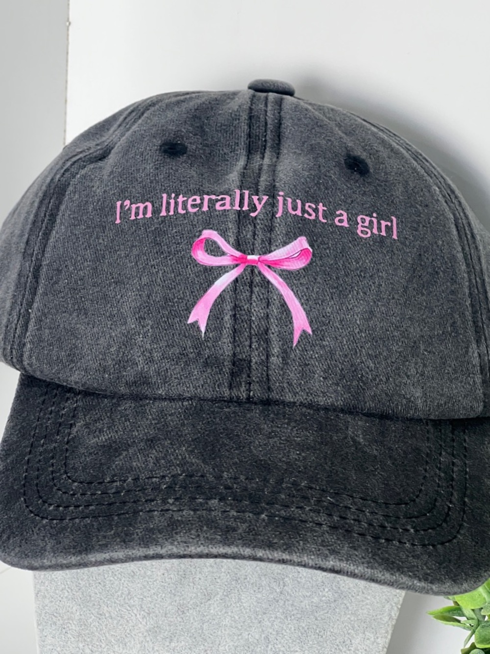 Dark grey washed Hat with Pink Bow & 'I'm literally just a girl'